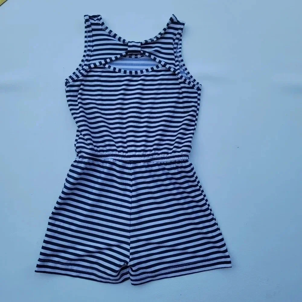 Picapino Girls Stripped Romper Sleeveless Drawstring Waist Navy White sz 4